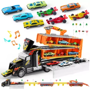 Joyfy Toy Truck for Kids,Racing Car with Lights & Sounds, Foldable Track Carrier Truck Toy Gift for 2 3 4 5 Years Old Boys and Girls