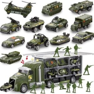 Joyfy 25 in 1 Die-cast Military Army Play Vehicle Set, Carrier Truck Car Toy with Sounds and Lights , Kids Boys Birthday Gifts for 3 4 5 6 Years Old