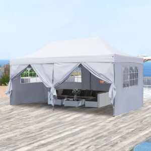 Zenova 10'x20' Pop up Canopy Tents with 6 Sidewalls Portable Folding Outdoor Gazebo Tent for Wedding Party - White