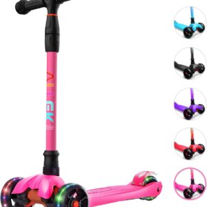 Allek Kick Scooter B02, Lean 'N Glide Scooter with Extra Wide PU Light-Up Wheels and 4 Adjustable Heights for Children from 3-12yrs (Rose Pink)