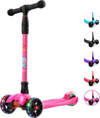 Allek Kick Scooter B02, Lean 'N Glide Scooter with Extra Wide PU Light-Up Wheels and 4 Adjustable Heights for Children from 3-12yrs (Rose Pink)