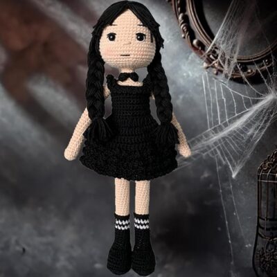 Wednesday Addams Crochet Doll – Spooky & Adorable Handmade Horror Collectible