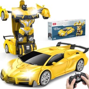 Remote Control Car，Transform Robot RC Cars with Cool LED Headlights, 2.4Ghz Toys Car with 360 Degree Rotation and One-Button Deformation, Christmas Birthday Gifts for Boys Girls(Yellow)