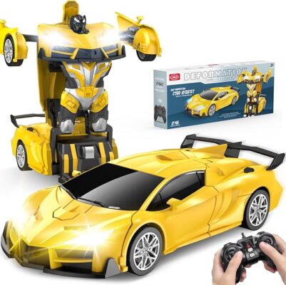Remote Control Car，Transform Robot RC Cars with Cool LED Headlights, 2.4Ghz Toys Car with 360 Degree Rotation and One-Button Deformation, Christmas Birthday Gifts for Boys Girls(Yellow)