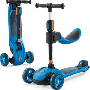 Kick Scooter Adjustable Height for Kids Ages 2-6 3 Wheel Scooter with LED Light and Extra Wide Deck ，Kids Scooter， Blue