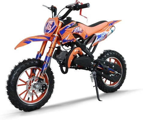 49cc Kids Dirt Bike, 2-Stroke Gas Powered Dirt Bike, Motorcycle with Off-Road Tires, Front/Rear Disc Brakes, Shock Absorption, Soft Seat Cushion, Mini Dirtbike for Kids 8-14, Orange