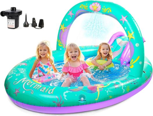 Mermaid Inflatable Play Center Kiddie Pool with Slide & Sprinkler - 96"x59"x39" Ultimate Backyard Water Park