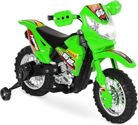 Kids 6V Ride On Motorcycle w/Treaded Tires, Working Headlights, 2mph Top Speed, Training Wheels, Realistic Sounds, Music, Battery Charger - Green