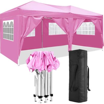 Folding Canopy with 6 Removable Sidewalls Outdoor Event Shelter,10x20Ft Gazebo Portable Tents - Pink