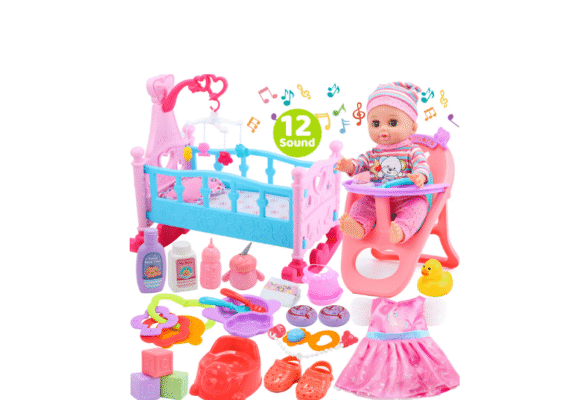 JoyStone Baby Doll Play Set – 12.5" Baby Doll with Crib, High Chair & 41 PCS Accessories