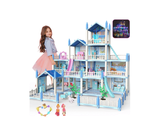 JoyStone Dollhouse with Colorful Lights – 14-Room DIY Playhouse (Includes 2 Dolls)