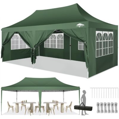 COBIZI 10x20 Pop Up Canopy Tent with 6 Sidewalls, Wedding Party Tent Outdoor Canopy UV50+ Waterproof Canopy Tent Event Shelter, 3 Adjustable Heights, with Carry Bag, Green